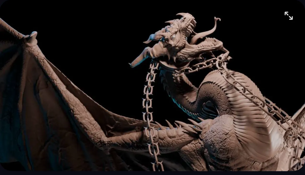 Resin-printed chained dragon miniature, unpainted sculpt